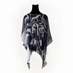 Cocoon House Blouse Top XL Art to Wear Silk Pointed Hem Abstract Face Sheer Boho